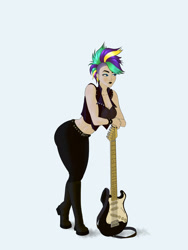 Size: 1920x2560 | Tagged: safe, artist:aquaticvibes, derpibooru import, rarity, human, alternate hairstyle, boots, breasts, clothes, electric guitar, guitar, humanized, leaning, leather pants, leather vest, midriff, musical instrument, pants, punk, raripunk, raritits, shoes, simple background, solo, white background