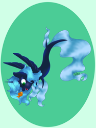 Size: 2121x2828 | Tagged: safe, artist:shylostconfused, derpibooru import, oc, alicorn, fish, pony, seapony (g4), blue mane, bubble, dorsal fin, fins, fish tail, flowing mane, flowing tail, green background, green eyes, horn, looking at each other, open mouth, seaponified, simple background, smiling, solo, species swap, tail, wings