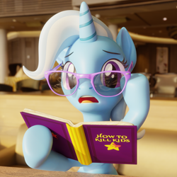 Size: 3840x3840 | Tagged: safe, artist:xppp1n, trixie, pony, unicorn, 3d, blender, blender cycles, book, female, glasses, holding, looking at you, mare, open mouth, raised hoof, raised leg, solo, surprised