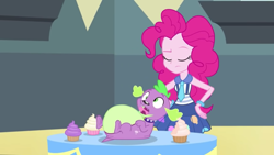 Size: 1366x768 | Tagged: safe, screencap, pinkie pie, spike, spike the regular dog, dog, equestria girls, friendship games, blooper, burp, cupcake, duo, eyes closed, fat spike, female, food, friendship games bloopers, hands on hip, male, spoilers for another series, tongue out