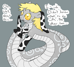 Size: 740x670 | Tagged: safe, artist:tilling-tan, derpy hooves, lamia, original species, snake, /mlp/, adorable distress, clothes, cow socks, cowprint, cute, cyan background, dialogue, distressed, drawthread, lamiafied, looking at you, snerpy, sock on ear, sock on nose, socks, solo, species swap
