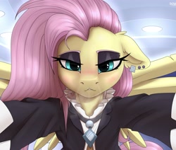Size: 4268x3619 | Tagged: safe, artist:redvais, edit, fluttershy, pegasus, pony, blushing, cropped, cropped porn, ear piercing, explicit source, eyeshadow, female, fluttergoth, looking at you, mare, solo