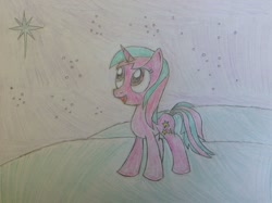 Size: 2592x1936 | Tagged: safe, artist:paladin360, derpibooru import, oc, oc:cosmic spark, pony, unicorn, colored pencil drawing, stars, traditional art