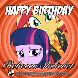 Size: 2000x2000 | Tagged: safe, derpibooru import, sunset shimmer, twilight sparkle, better together, equestria girls, happy birthday, rebecca shoichet