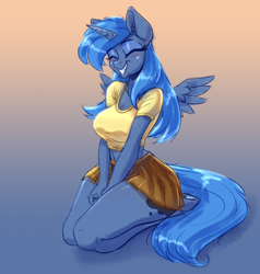 Size: 2250x2362 | Tagged: safe, alternate version, artist:dandy, derpibooru import, princess luna, alicorn, anthro, unguligrade anthro, adorasexy, arm boob squeeze, big breasts, blushing, breasts, cleavage, clothes, cute, cutie mark, eyes closed, eyeshadow, female, grin, hooves, horn, kneeling, legs, lunabetes, makeup, mare, midriff, miniskirt, princess balloona, s1 luna, schrödinger's pantsu, sexy, shirt, short shirt, skirt, smiling, solo, thighs, wings