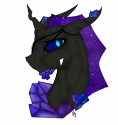 Size: 962x1024 | Tagged: safe, artist:yoonah, derpibooru import, oc, oc only, changeling, changeling oc, crystal, crystal changeling, fangs, horn, purple changeling, simple background, solo, white background