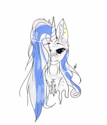 Size: 881x1024 | Tagged: safe, artist:yoonah, derpibooru import, oc, oc only, pony, unicorn, black sclera, chest fluff, ear fluff, ear piercing, ears, horn, piercing, simple background, solo, unicorn oc, white background