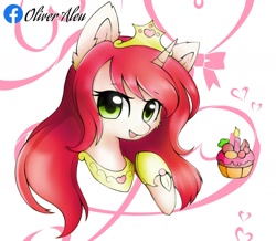 Size: 1680x1468 | Tagged: safe, artist:aleuoliver, derpibooru import, oc, oc only, pony, unicorn, abstract background, bust, cupcake, eyelashes, female, food, hoof shoes, horn, mare, open mouth, peytral, smiling, solo, unicorn oc
