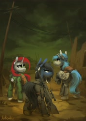 Size: 2480x3508 | Tagged: safe, artist:anticular, derpibooru import, oc, oc only, earth pony, pegasus, pony, unicorn, fallout equestria, bag, clothes, commission, fanfic art, goggles, gun, jacket, rifle, saddle bag, trio, wasteland, weapon