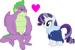 Size: 6727x4495 | Tagged: safe, artist:cloudyglow, artist:memnoch, derpibooru import, edit, rarity, spike, dragon, pony, unicorn, the last problem, bags under eyes, duo, eyeshadow, female, fur coat, gigachad spike, grey hair, heart, makeup, male, mare, older, older rarity, older spike, shipping, simple background, sitting, skunk stripe, smiling, sparity, straight, transparent background, vector, winged spike