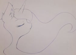 Size: 1649x1200 | Tagged: safe, artist:aleuoliver, derpibooru import, princess luna, alicorn, pony, bust, ear fluff, ears, ethereal mane, eyes closed, female, horn, mare, solo