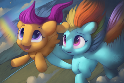 Size: 7400x4996 | Tagged: safe, artist:auroriia, derpibooru import, rainbow dash, scootaloo, pegasus, pony, absurd resolution, best pony, cute, duo, female, filly, flying, heartwarming, holding a pony, mare, open mouth, rainbow, scootalove, spread wings, windswept mane, wings