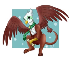 Size: 1080x864 | Tagged: safe, artist:_shotataarts_, derpibooru import, greta, griffon, pony, abstract background, clothes, female, scarf, scroll, sitting, smiling, solo, spread wings, wings