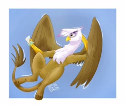 Size: 1080x904 | Tagged: safe, artist:_shotataarts_, derpibooru import, gilda, griffon, pony, abstract background, arm behind head, chest fluff, female, relaxing, signature, smiling, solo, wings