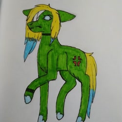 Size: 1080x1080 | Tagged: safe, artist:_shotataarts_, derpibooru import, oc, oc only, earth pony, pony, bandage, choker, colored hooves, cross-popping veins, earth pony oc, female, mare, raised hoof, raised leg, solo, traditional art