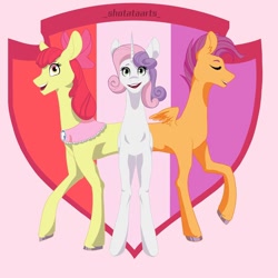 Size: 1080x1080 | Tagged: safe, artist:_shotataarts_, derpibooru import, apple bloom, scootaloo, sweetie belle, earth pony, pegasus, pony, unicorn, growing up is hard to do, the last problem, colored hooves, cutie mark, cutie mark crusaders, eyes closed, female, filly, horn, open mouth, raised hoof, raised leg, smiling, smirk, solo, the cmc's cutie marks, trio, trio female, wings