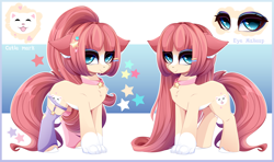 Size: 6600x3917 | Tagged: safe, artist:xsatanielx, derpibooru import, oc, oc only, cat, cat pony, original species, pony, chest fluff, clothes, cutie mark, female, hockless socks, looking at you, mare, pet collar, rcf community, reference sheet, socks, solo