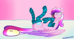 Size: 2302x1202 | Tagged: safe, artist:jane969, derpibooru import, princess cadance, alicorn, pony, bed, clothes, female, looking at you, lying, lying down, lying on bed, mare, on back, on bed, socks, solo, stockings, striped socks, thigh highs