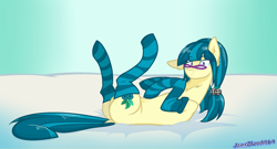 Size: 2306x1241 | Tagged: safe, artist:jane969, derpibooru import, juniper montage, earth pony, pony, clothes, ear fluff, ears, eye clipping through hair, eyebrows visible through hair, female, glasses, high res, legs in air, looking at you, lying down, mare, on back, socks, solo, stockings, striped socks, thigh highs