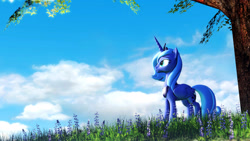 Size: 1920x1080 | Tagged: safe, artist:backmaker, derpibooru import, princess luna, alicorn, pony, 3d, flower, jewelry, regalia, s1 luna, solo, source filmmaker, tree