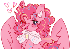 Size: 1280x890 | Tagged: safe, artist:transpichu, derpibooru import, pinkie pie, pegasus, accessory, alternate hairstyle, blushing, bow, chest fluff, clothes, ear fluff, ears, heart, one eye closed, open mouth, pegasus pinkie pie, race swap, scarf, simple background, solo, transparent background, wink