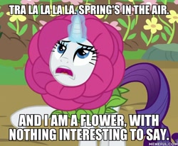 Size: 600x495 | Tagged: safe, derpibooru import, edit, edited screencap, screencap, rarity, pony, unicorn, forever filly, a bug's life, caption, clothes, costume, flower costume, flowerity, image macro, text