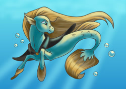 Size: 2912x2059 | Tagged: safe, artist:septimawindsong, derpibooru import, oc, earth pony, pony, seapony (g4), bubble, cape, clothes, crepuscular rays, fins, fish tail, flowing mane, flowing tail, glasses, long mane, male, ocean, seaponified, solo, species swap, sunlight, swimming, tail, underwater, water