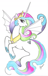 Size: 1275x2008 | Tagged: safe, artist:yunyan-ny, derpibooru import, princess celestia, alicorn, hybrid, merpony, pony, seapony (g4), crown, eyelashes, female, fish tail, flowing mane, flowing tail, hoof shoes, horn, jewelry, long horn, necklace, open mouth, regalia, seaponified, seapony celestia, seashell, shell, simple background, smiling, solo, species swap, tail, traditional art, white background, wings