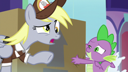 Size: 1920x1080 | Tagged: safe, derpibooru import, screencap, derpy hooves, spike, dragon, pegasus, pony, the point of no return, clothes, duo, female, hat, mailmare hat, mailmare uniform, male, mare, open mouth, package, school of friendship, winged spike