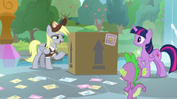 Size: 1920x1080 | Tagged: safe, derpibooru import, screencap, derpy hooves, spike, twilight sparkle, twilight sparkle (alicorn), alicorn, dragon, pegasus, pony, the point of no return, female, hat, mail, mailmare hat, mailmare uniform, male, mare, open mouth, package, school of friendship, trio