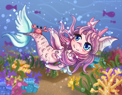 Size: 2050x1600 | Tagged: safe, artist:kitsu-chan11, derpibooru import, oc, oc only, crab, fish, seapony (g4), blue eyes, blushing, bubble, chibi, coral, crepuscular rays, female, fish tail, flowing mane, flowing tail, ocean, pink mane, seaweed, smiling, solo, swimming, tail, underwater, water