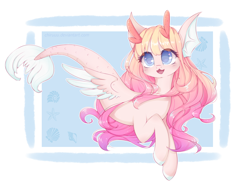 Size: 1424x1054 | Tagged: safe, artist:chimeeri, derpibooru import, oc, oc only, seapony (g4), blue background, blue eyes, blushing, eyelashes, female, fins, fish tail, flowing mane, flowing tail, long hair, open mouth, seashell, shell, simple background, smiling, solo, starfish, tail, white background, wings