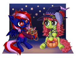 Size: 2217x1700 | Tagged: safe, artist:purring_cat, derpibooru import, oc, oc only, oc:shella swift, demon, earth pony, pegasus, pony, candy, chibi, clothes, commission, costume, crying, food, halloween, halloween costume, holiday, night, red eyes, sequins, witch, ych result