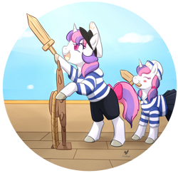 Size: 1024x996 | Tagged: safe, artist:foxhatart, derpibooru import, oc, oc only, oc:penelope, oc:peridrop, pony, unicorn, clothes, female, filly, mare, mouth hold, sailor uniform, uniform, wooden sword