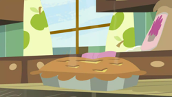 Size: 1280x720 | Tagged: safe, derpibooru import, screencap, the break up breakdown, background, food, kitchen, liminal space, no pony, pie, scenic ponyville, sweet apple acres