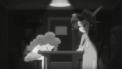 Size: 1366x768 | Tagged: safe, derpibooru import, screencap, pinkie pie, rarity, equestria girls, equestria girls series, rarity investigates: the case of the bedazzled boot, detective rarity, geode of sugar bombs, grayscale, magical geodes, monochrome, rarity investigates (eqg): pinkie pie