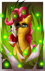 Size: 1176x1858 | Tagged: safe, artist:yuris, derpibooru import, firefly, oc, oc only, oc:dinky akniet, earth pony, pony, aquamarine eyes, grass, mask, sad smile, sadness, shards, shine, smiley face, solo