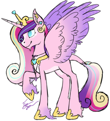 Size: 500x551 | Tagged: safe, artist:valientminiatureobject, derpibooru import, princess cadance, alicorn, pony, crown, ear piercing, earring, female, hoof shoes, horn, jewelry, leonine tail, mare, necklace, piercing, redesign, regalia, solo, unshorn fetlocks, wings