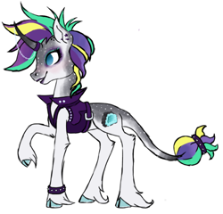 Size: 500x480 | Tagged: safe, artist:valientminiatureobject, derpibooru import, rarity, classical unicorn, pony, unicorn, alternate hairstyle, cloven hooves, ear piercing, female, horn piercing, jacket, leonine tail, mare, punk, raripunk, redesign, simple background, solo, spiked wristband, unshorn fetlocks, white background