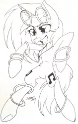 Size: 2062x3274 | Tagged: safe, artist:juliet-gwolf18, derpibooru import, dj pon-3, vinyl scratch, pony, unicorn, bipedal, both cutie marks, featureless crotch, female, glowstick, grin, horn, jewelry, lineart, mare, monochrome, necklace, signature, simple background, smiling, solo, sunglasses, traditional art, underhoof, white background