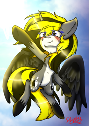 Size: 1039x1476 | Tagged: safe, artist:juliet-gwolf18, derpibooru import, oc, oc only, oc:juliet, alicorn, pony, alicorn oc, blushing, eye clipping through hair, eyelashes, female, flying, hoof shoes, horn, looking at something, looking up, mare, pointing, signature, smiling, solo, wings