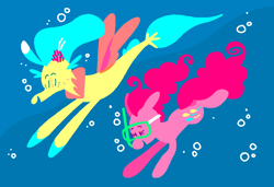 Size: 1280x875 | Tagged: safe, artist:msponies, derpibooru import, pinkie pie, princess skystar, female, lesbian, shipping, skypie, snorkel, underwater