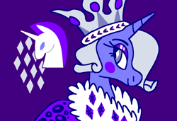 Size: 1280x875 | Tagged: safe, artist:msponies, derpibooru import, princess platinum, pony, unicorn, clothes, crown, female, horn, jewelry, mare, purple background, purple coat, regalia, simple background, smiling, solo, white mane