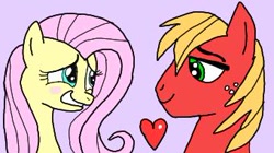 Size: 340x191 | Tagged: safe, artist:hectorlongshot, derpibooru import, big macintosh, fluttershy, earth pony, pegasus, pony, blushing, duo, female, fluttermac, freckles, heart, lidded eyes, male, pink background, shipping, simple background, smiling, straight