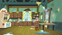 Size: 1280x720 | Tagged: safe, derpibooru import, screencap, the break up breakdown, background, kitchen, liminal space, no pony, scenic ponyville, sweet apple acres