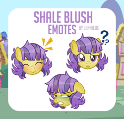 Size: 1000x961 | Tagged: safe, artist:jennieoo, derpibooru import, oc, oc:shale blush, earth pony, pony, confused, disgusted, emotes, emotions, happy, smiling, solo