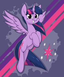 Size: 2053x2465 | Tagged: safe, artist:moonatik, derpibooru import, twilight sparkle, twilight sparkle (alicorn), alicorn, pony, abstract background, female, grin, looking at you, mare, smiling, solo, spread wings, wings