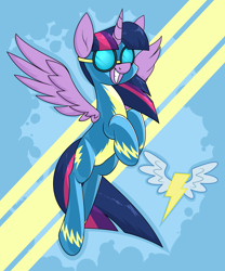 Size: 2053x2465 | Tagged: safe, alternate version, artist:moonatik, derpibooru import, twilight sparkle, twilight sparkle (alicorn), alicorn, pony, abstract background, clothes, female, goggles, grin, latex, latex suit, looking at you, mare, smiling, solo, spread wings, uniform, wings, wonderbolts, wonderbolts logo, wonderbolts uniform