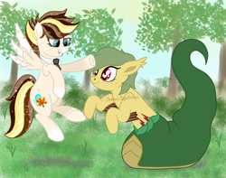 Size: 2304x1820 | Tagged: safe, artist:ross, artist:shappy the lamia, derpibooru import, oc, oc:brise d'automne, oc:shappy, earth pony, hybrid, lamia, original species, pegasus, pony, semi-anthro, snake, snake pony, collaboration, friendship is magic, caress, fangs, freckles, friendship, leaf, long tail, morning, necktie, plant, reptile, scales, slit eyes, snake eyes, snake tail, stain, tree