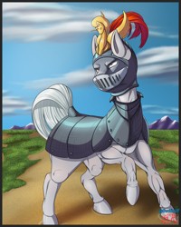 Size: 1200x1500 | Tagged: safe, artist:swiftriff, derpibooru import, oc, oc:iron shield, earth pony, armor, background, commission, female, guardsmare, mare, muscles, plume, royal guard, solo